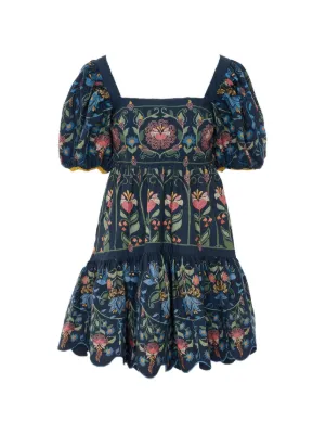 farm rio embroidered puff-sleeve cutout midi dress Blue Artisanal Embroidered Lace Front Bow Maxi Dress