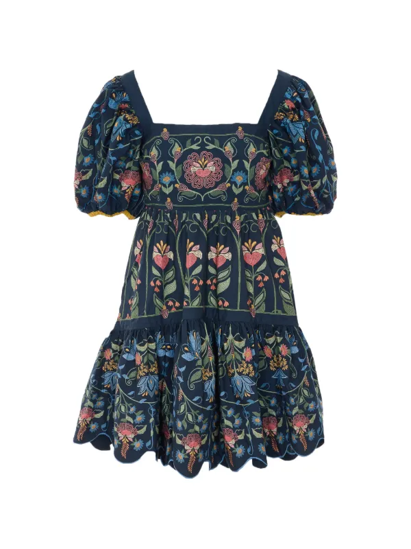 FARM Rio floral-embroidered puff-sleeve Mini Dress | Blue | FARFETCH HK