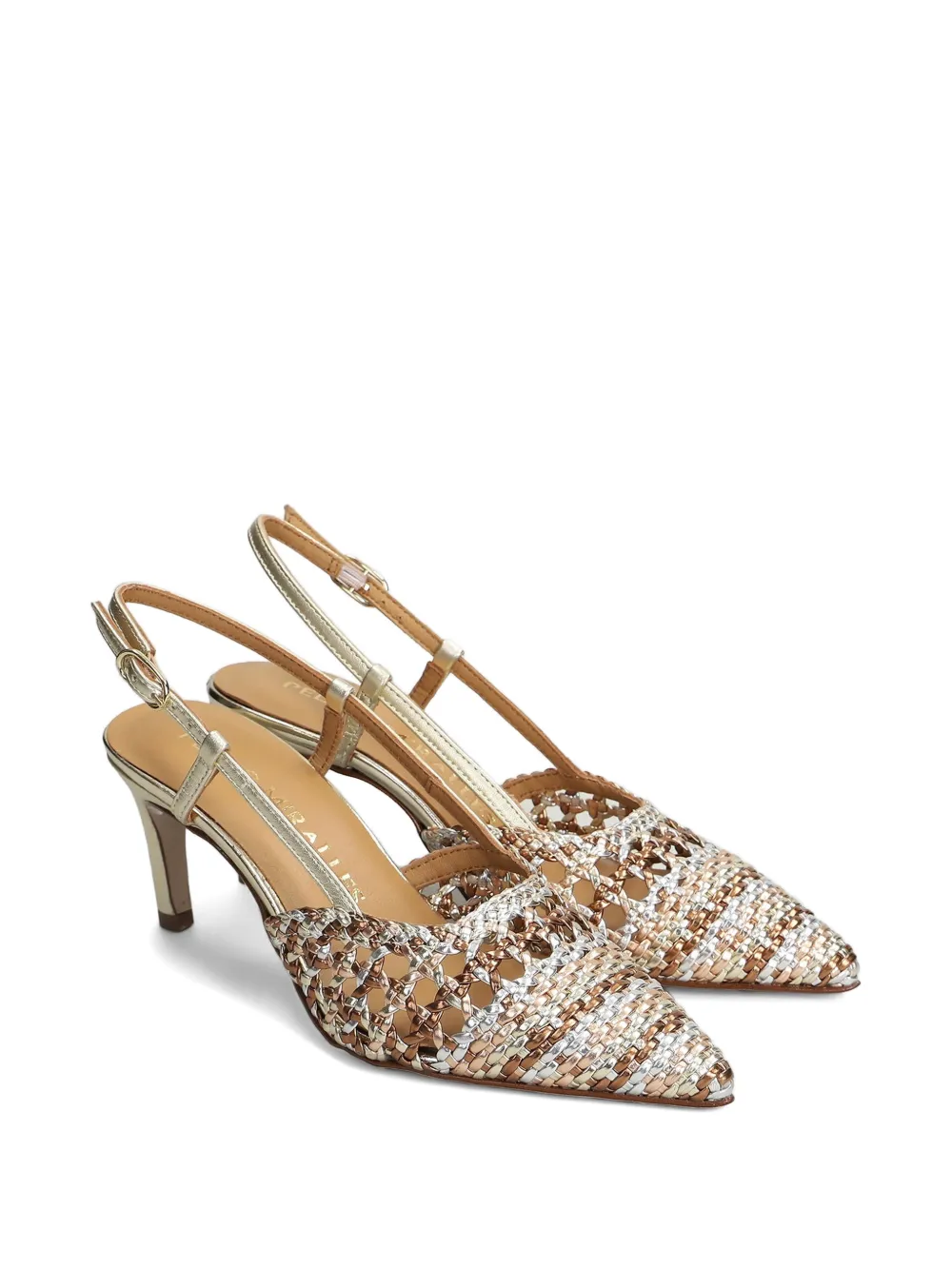 Pedro Miralles Mantua Metallic woven slingback heeled pumps Goud