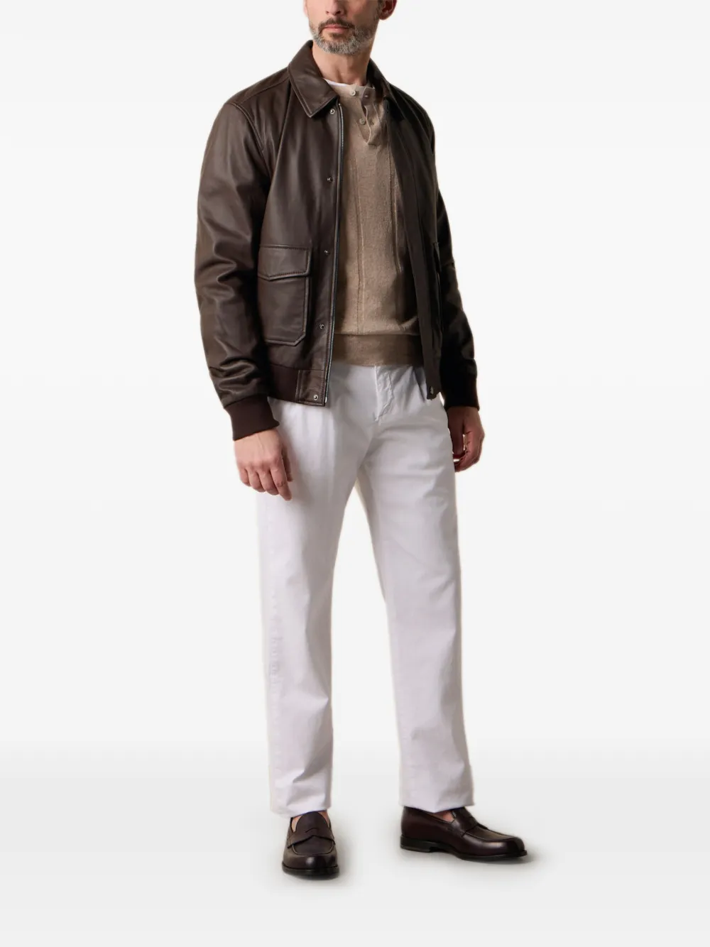 Brooks Brothers Leren jack met puntige kraag Bruin