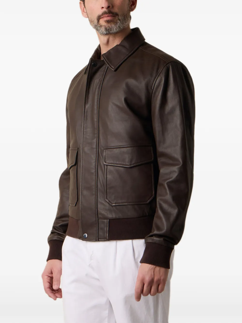 Brooks Brothers Leren jack met puntige kraag Bruin