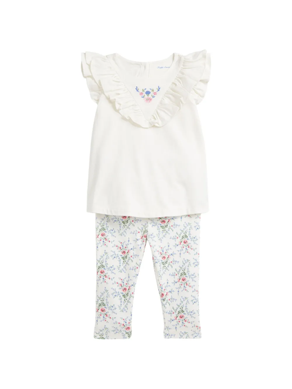 POLO RALPH LAUREN KIDS floral-embroidered ruffled trousers set - Bianco