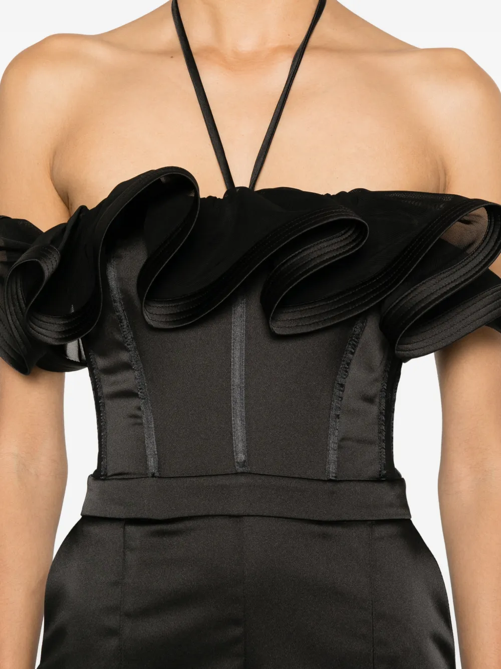 Elisabetta Franchi Stretch-satijnen jumpsuit met ruches Zwart