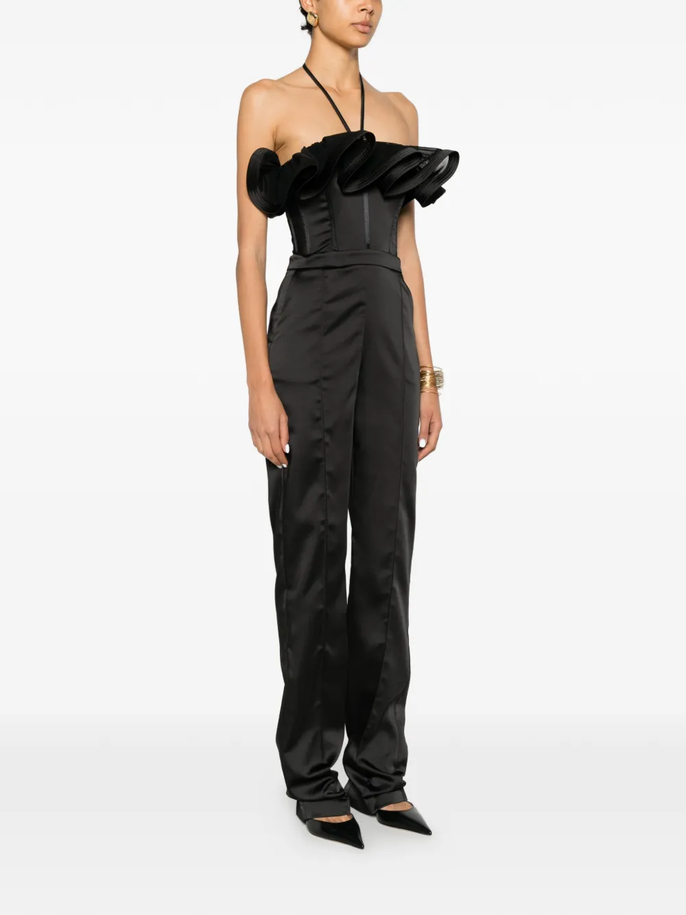 Elisabetta Franchi Stretch-satijnen jumpsuit met ruches Zwart