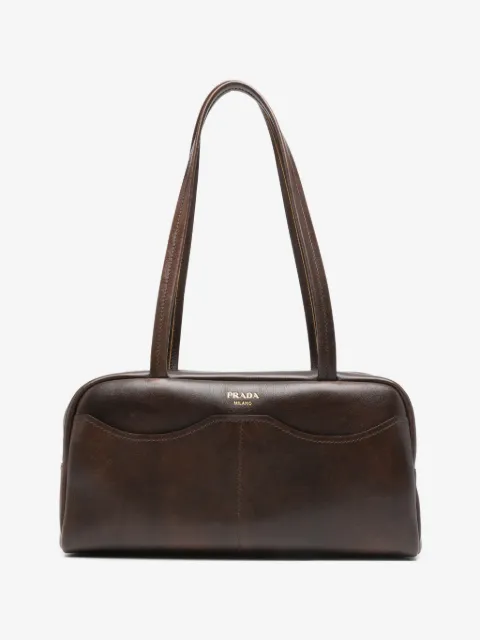 Prada carry large antiqued leather top-handle bag