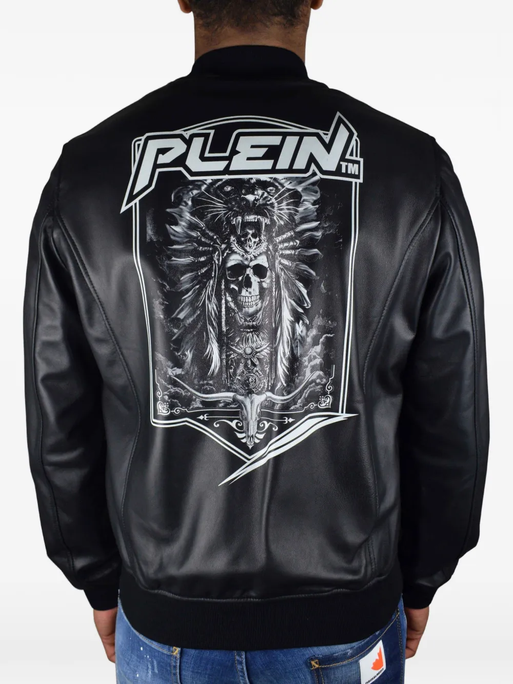 Philipp Plein Leren jack met doodskop en rits Zwart