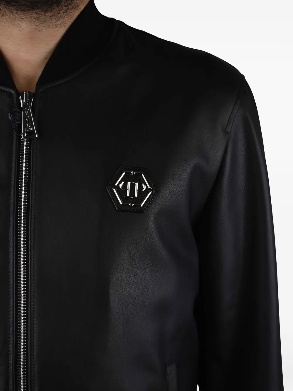 Philipp Plein Leren bomberjack met logo Zwart