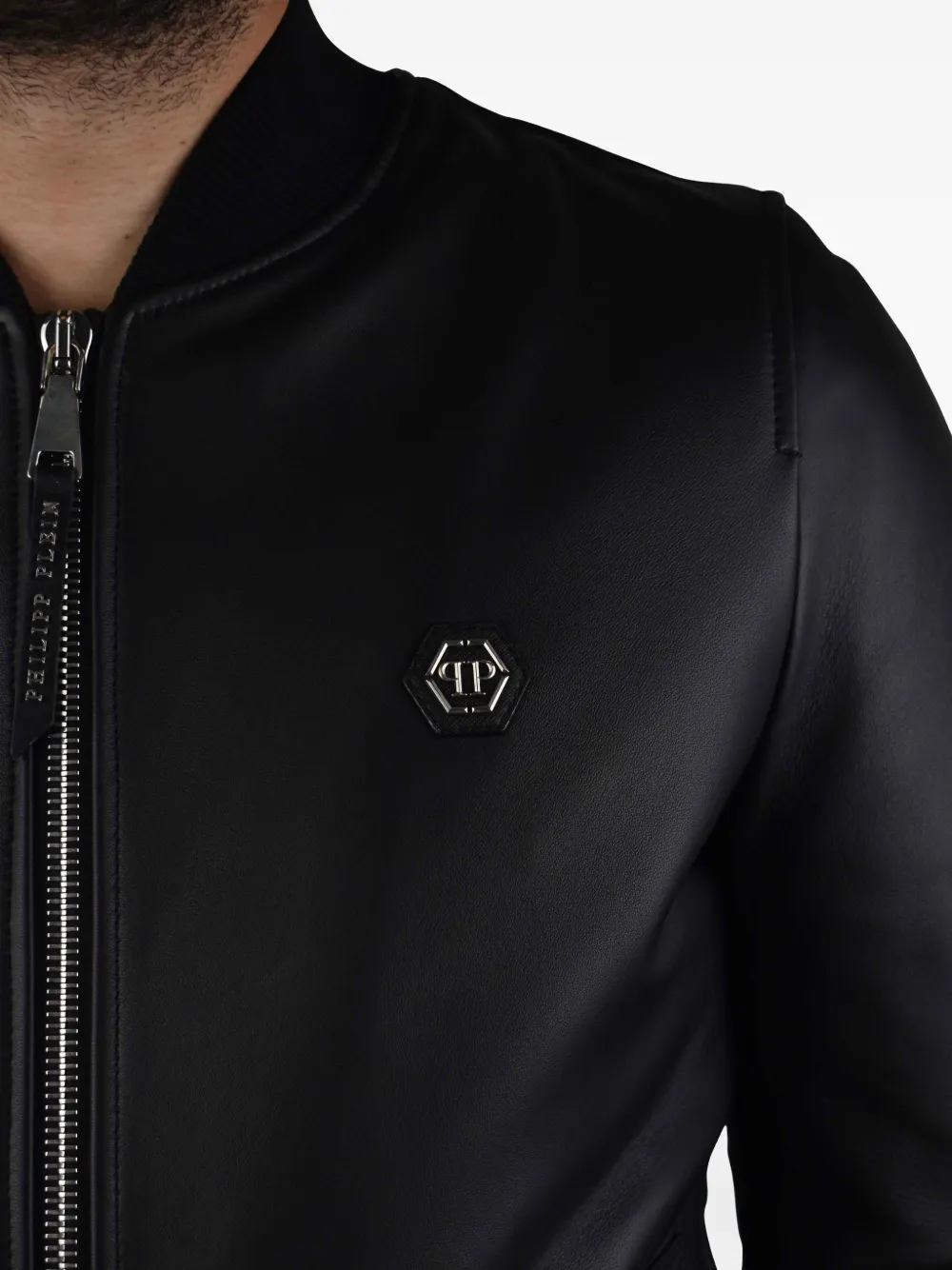 Philipp Plein Leren bomberjack met logo Zwart