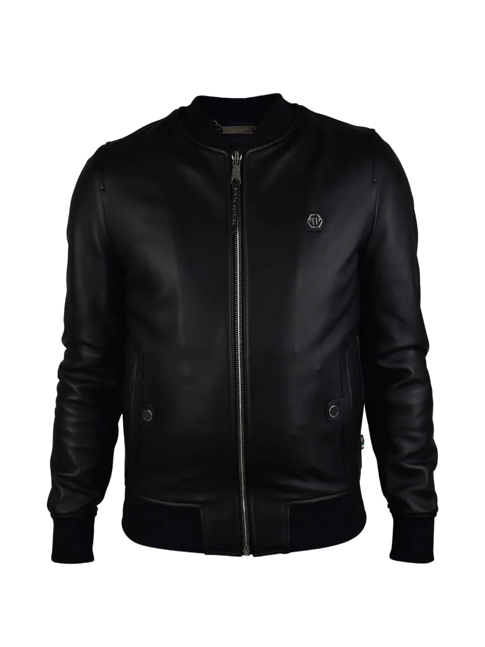 Philipp Plein logo button leather bomber jacket - Black