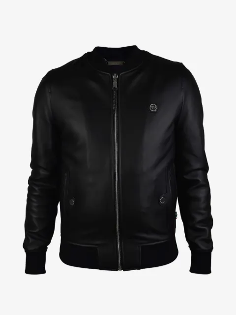 Philipp Plein logo纽扣皮质飞行员夹克