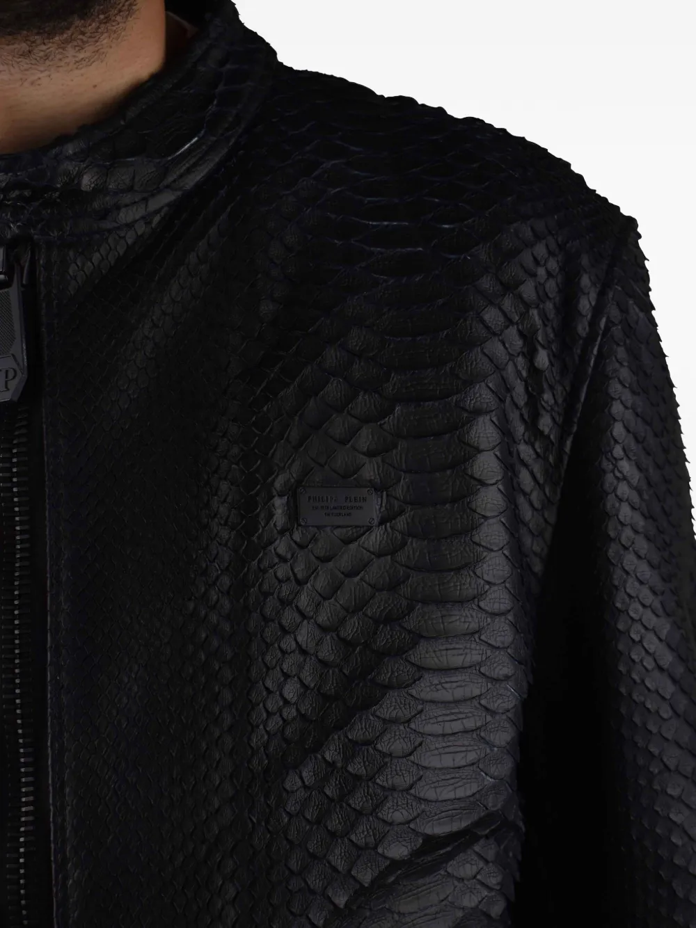 Philipp Plein Textured Python Leather Biker Jacket In Black