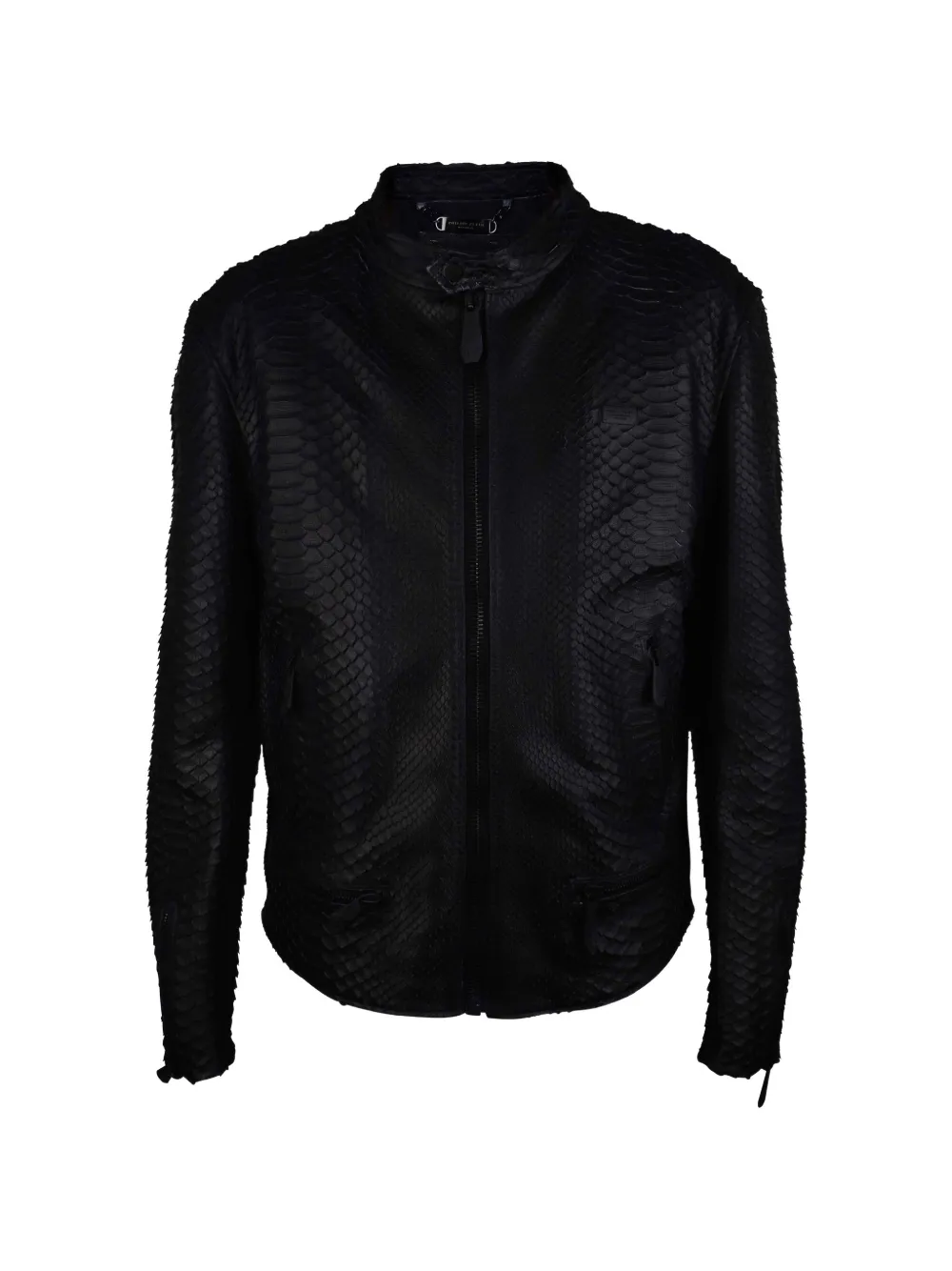 Philipp Plein Textured Python Leather Biker Jacket In Black