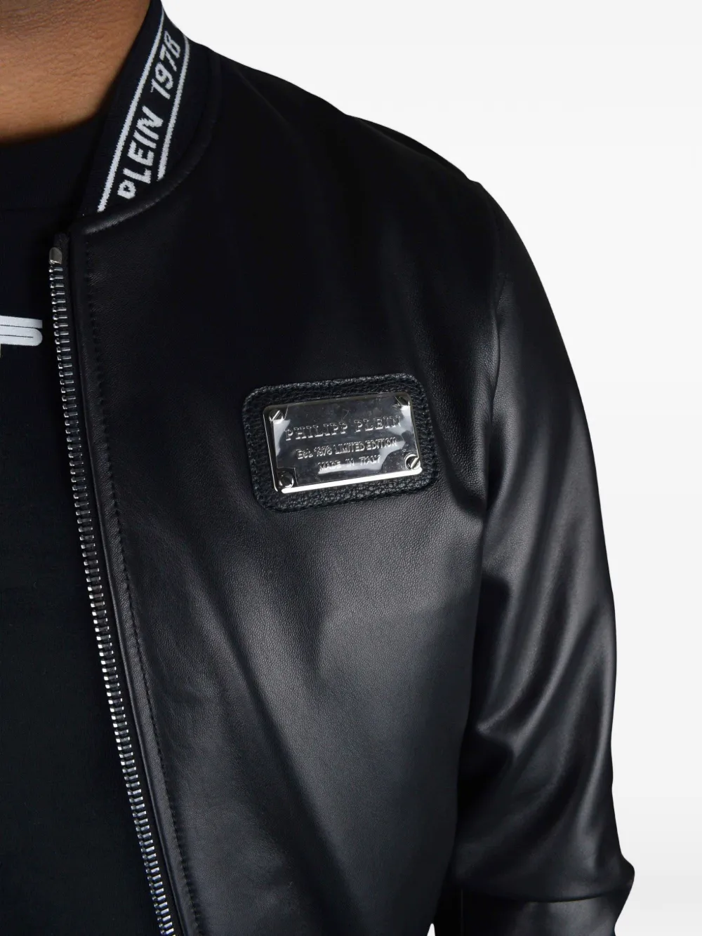 Philipp Plein Leren bomberjack met logo Zwart