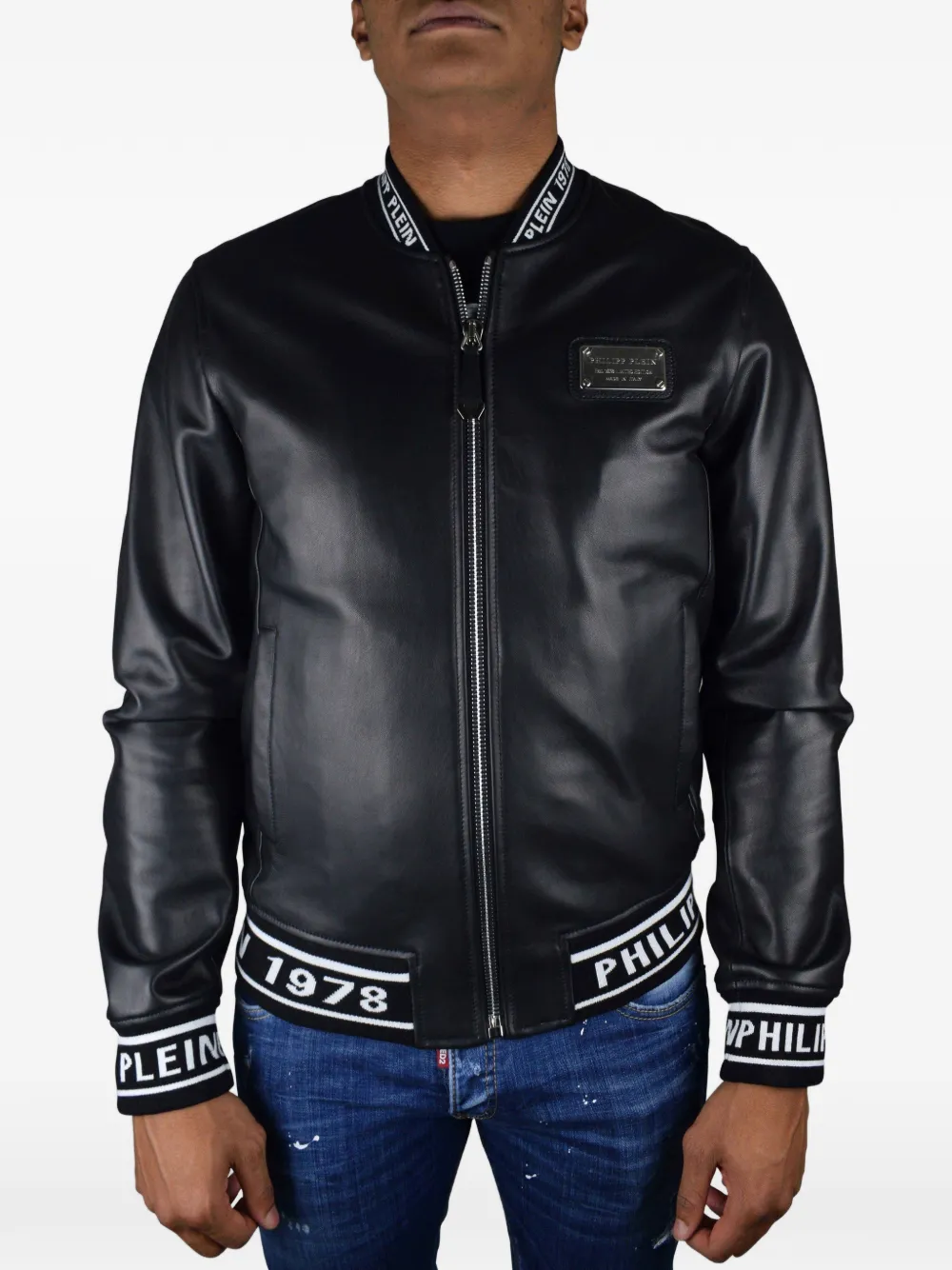 Philipp Plein Leren bomberjack met logo Zwart