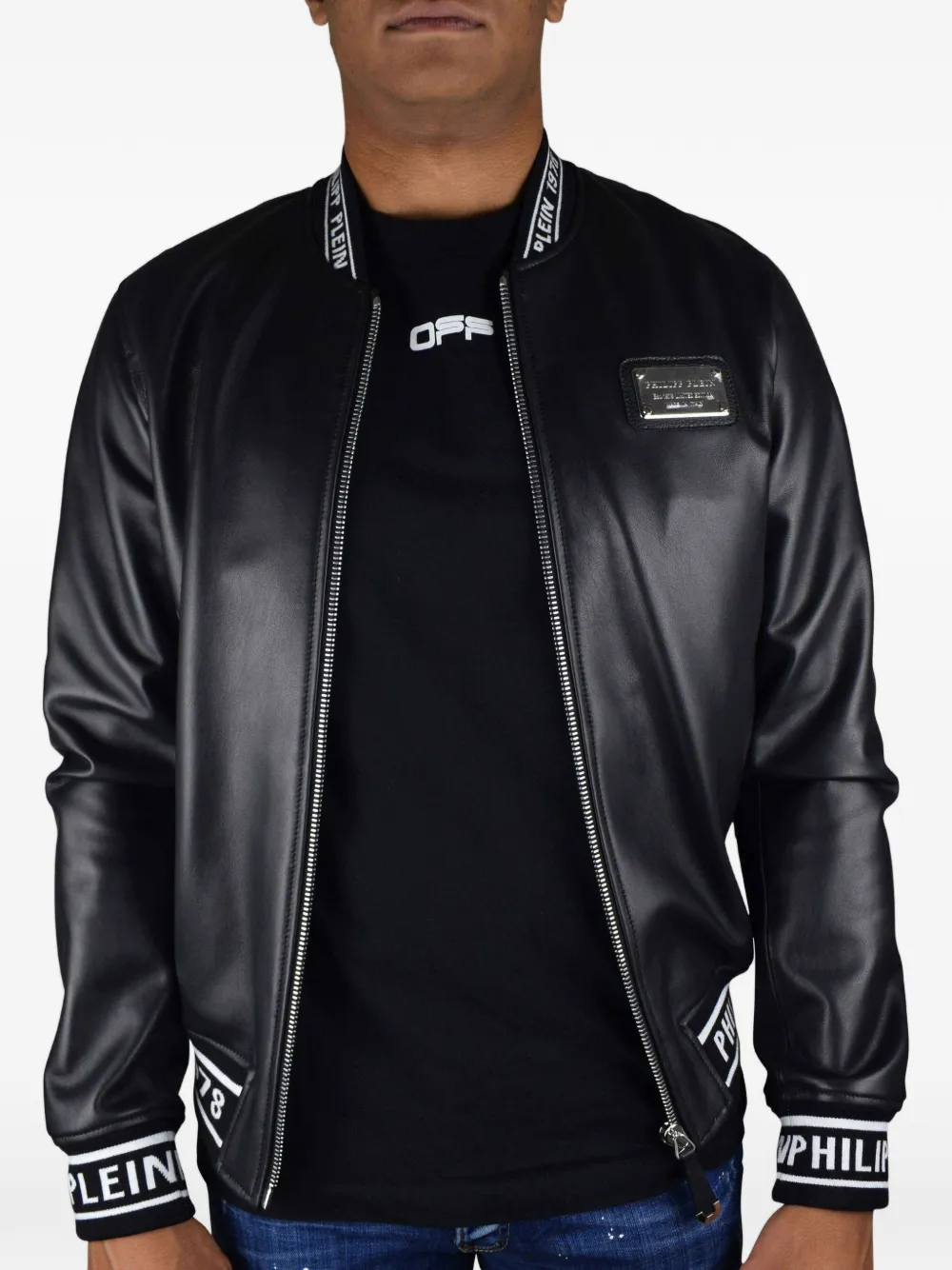 Philipp Plein Leren bomberjack met logo Zwart