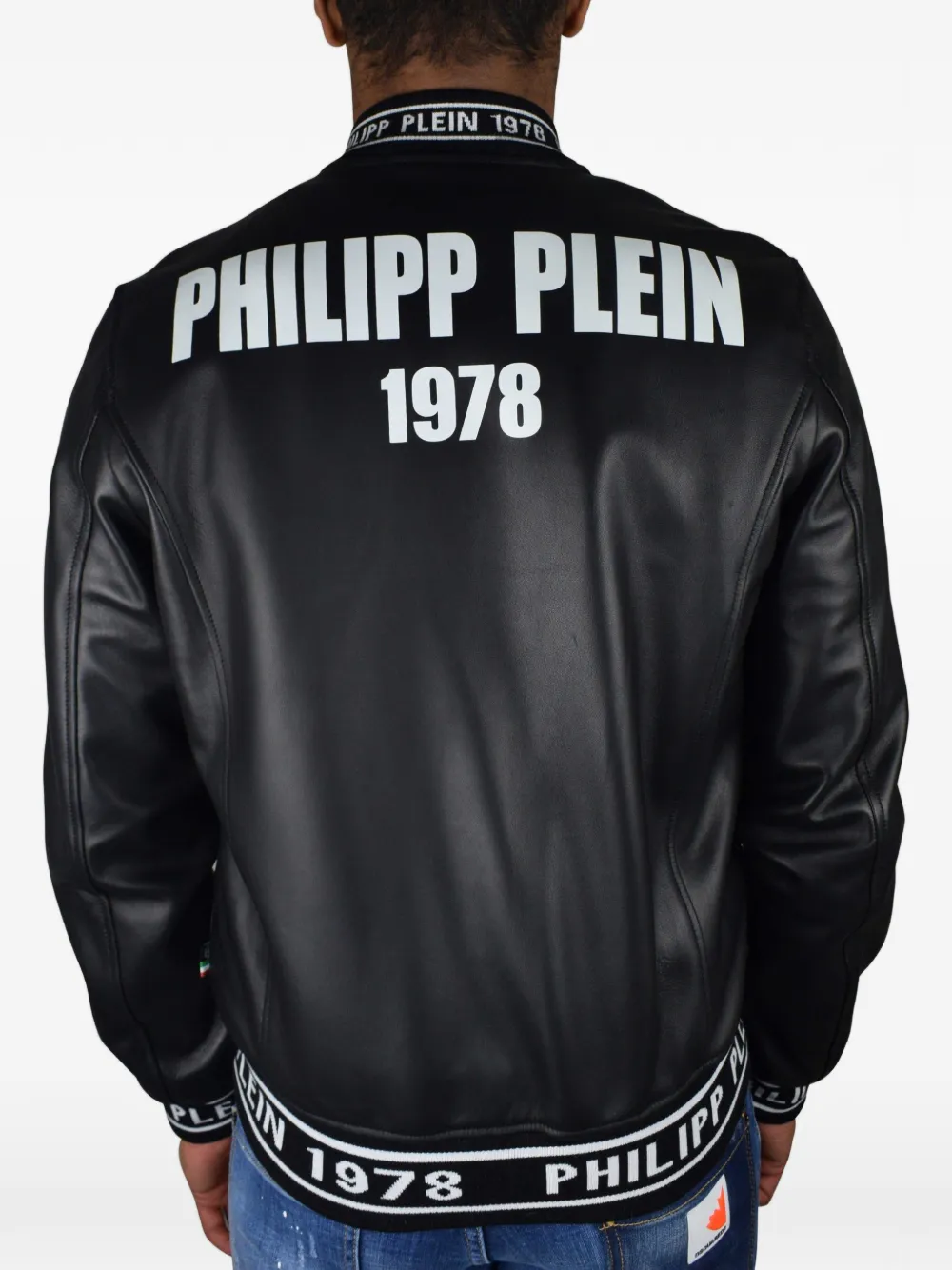 Philipp Plein Leren bomberjack met logo Zwart