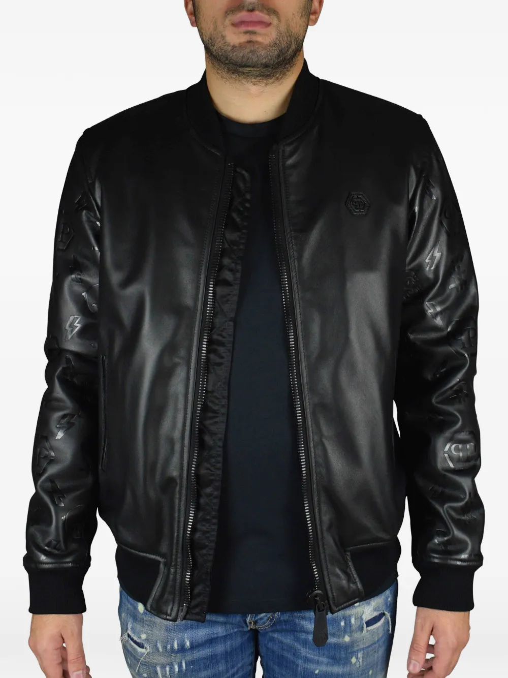 Philipp Plein Leren bomberjack Zwart