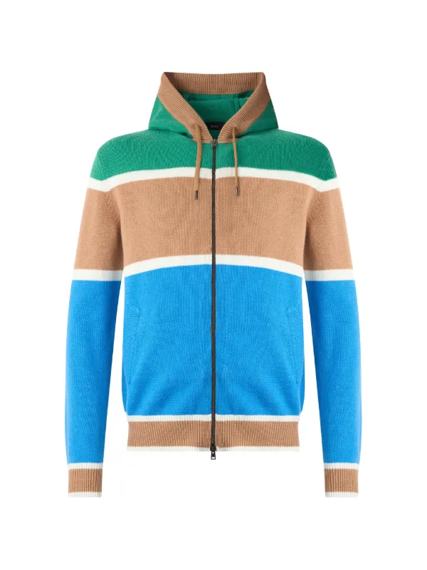 Herno Zip-up Striped Knitted Hoodie in Blue