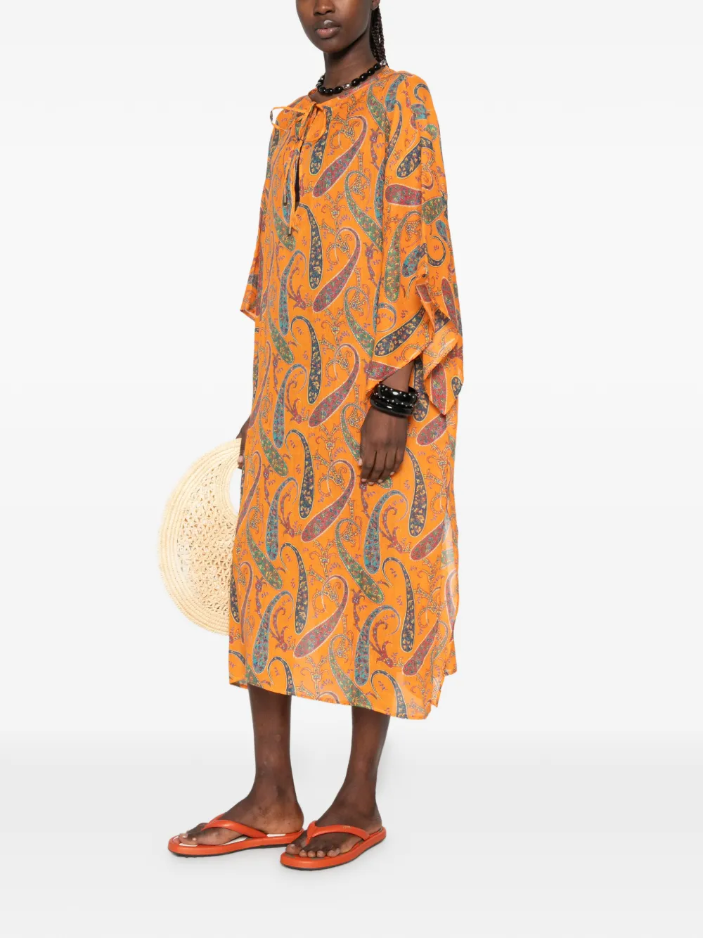 ETRO Midi-jurk met paisley-print en gestrikte hals Oranje