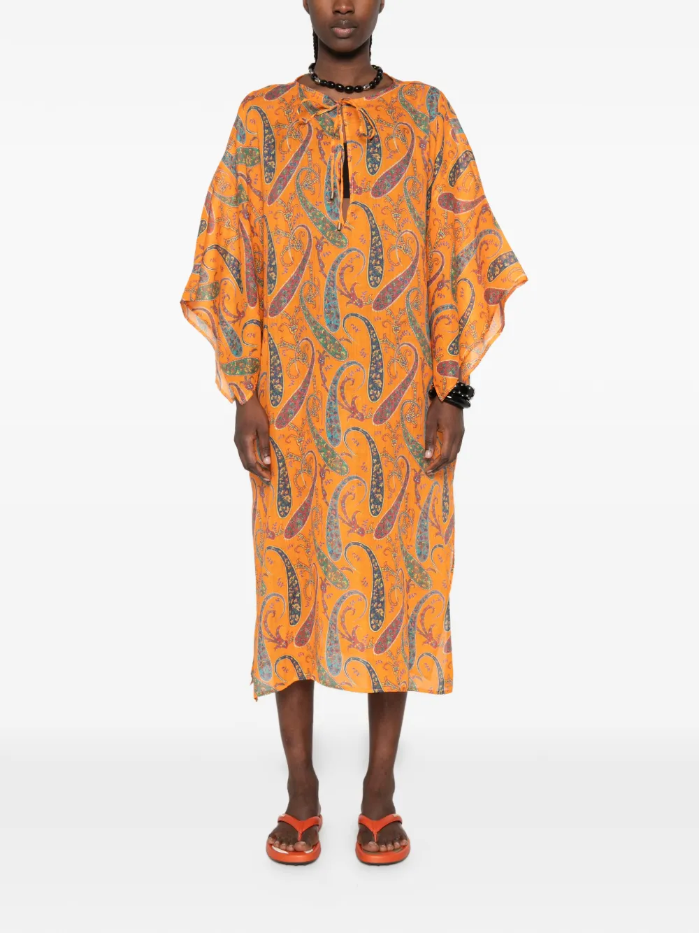ETRO Midi-jurk met paisley-print en gestrikte hals Oranje
