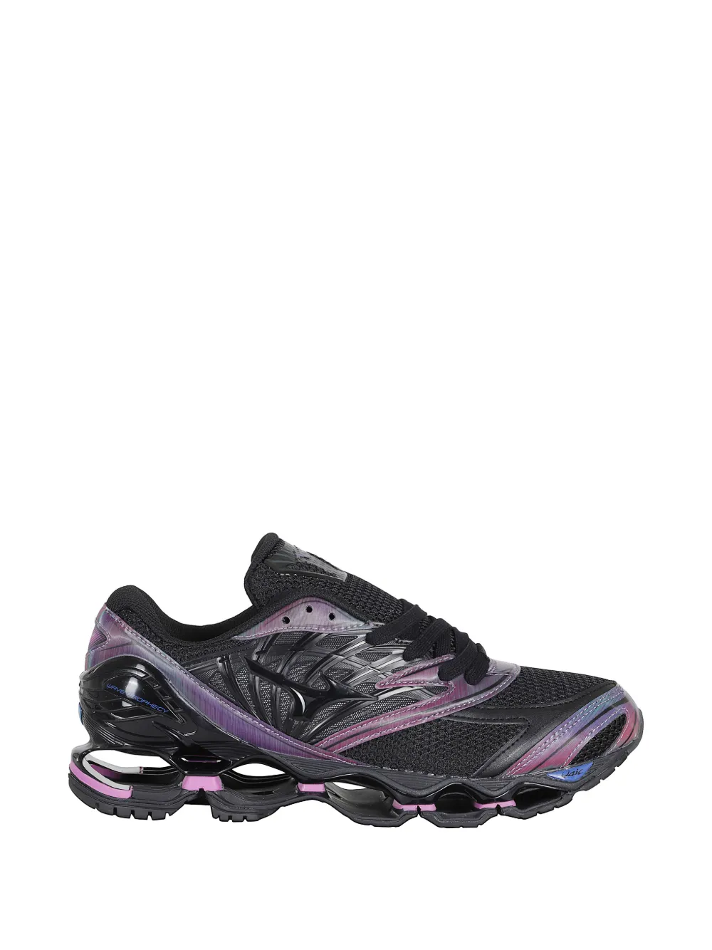 Mizuno Wave Prophecy panelled sneakers- black- purple- mesh panels- panelled design- front lace-up fastening- logo patch at the tongue- logo to the...