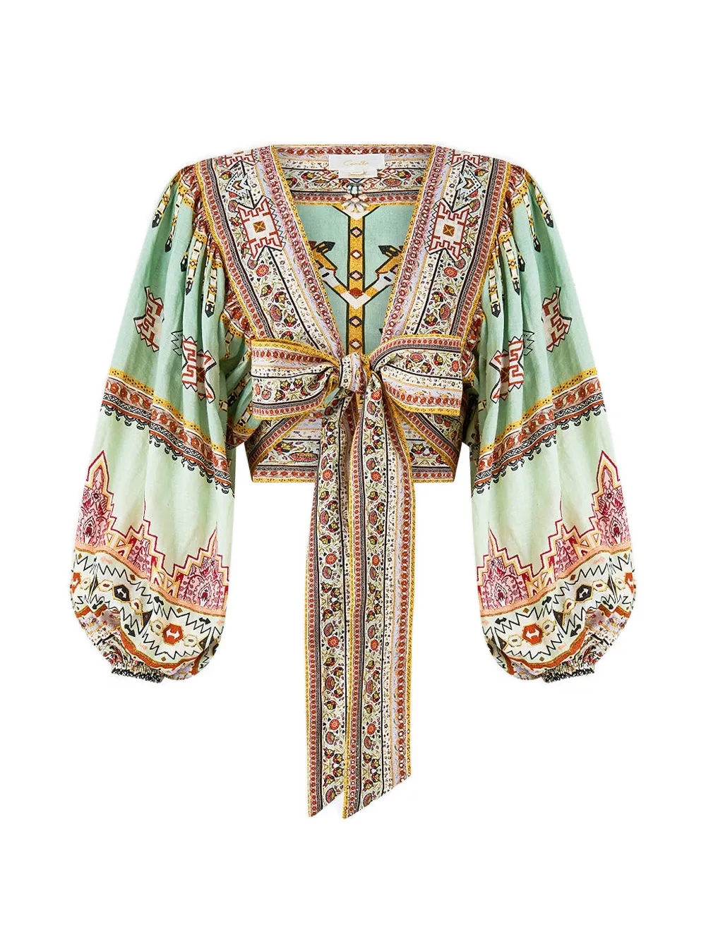 Camilla blouson sleeve tie front top - Verde