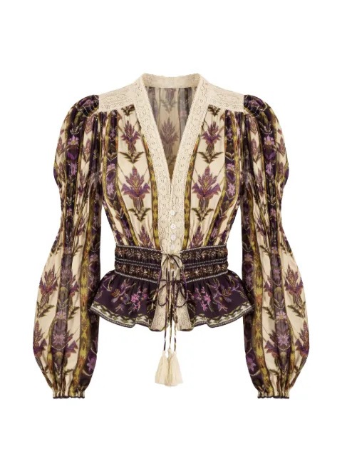 FARM Rio floral-print lace-detail blouse