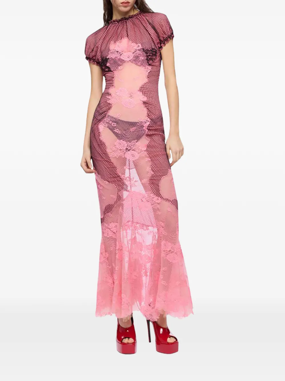 The Attico Katoenen midi-jurk met geometrisch patroon en kant Roze