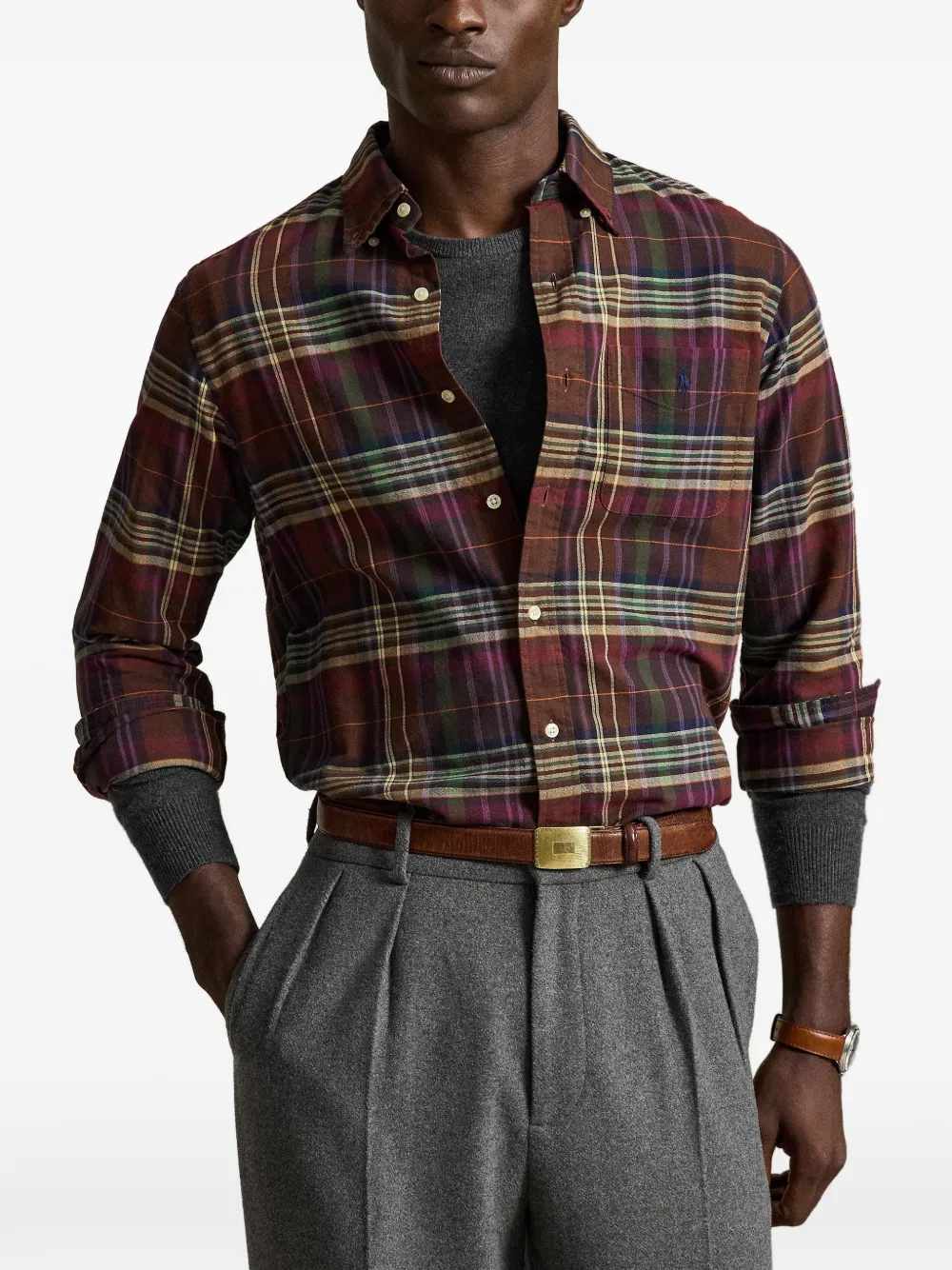 Polo Ralph Lauren Custom-Fit geruit Oxford overhemd Bruin