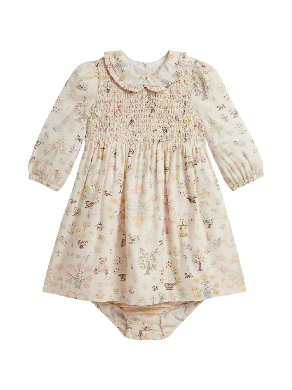 POLO RALPH LAUREN KIDS Gesmockte jurk en broekje met beer-print Wit