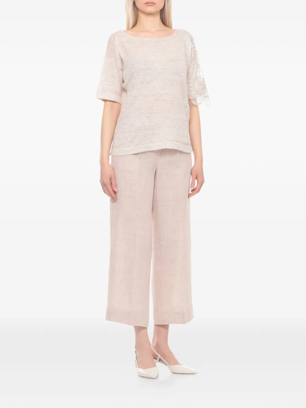 D.Exterior T-shirt met bloemenkant Beige
