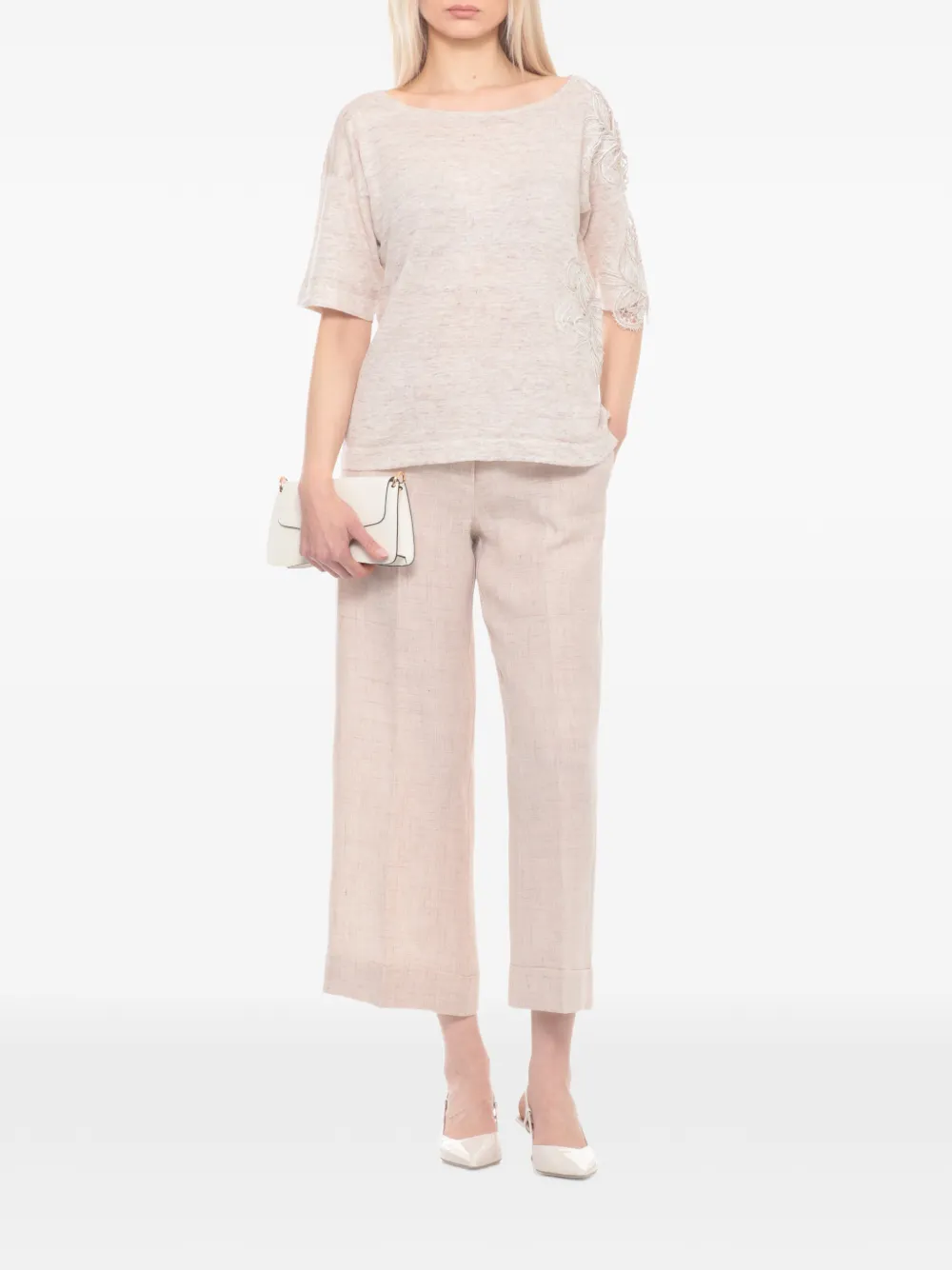 D.Exterior T-shirt met bloemenkant Beige