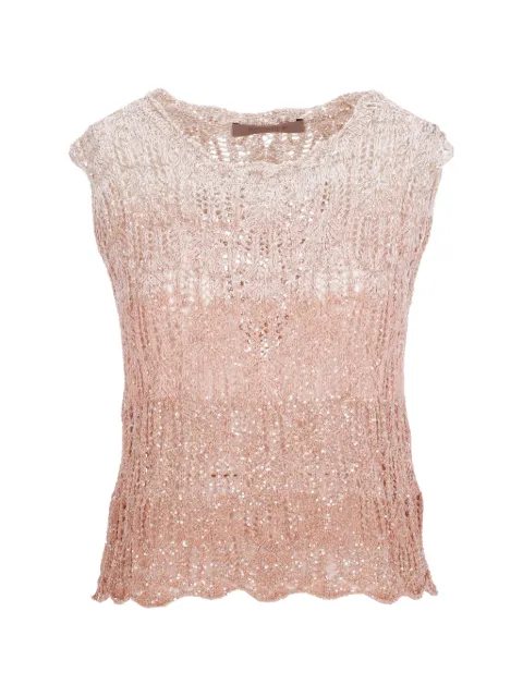 D.Exterior sequin-embellished crochet-knit top