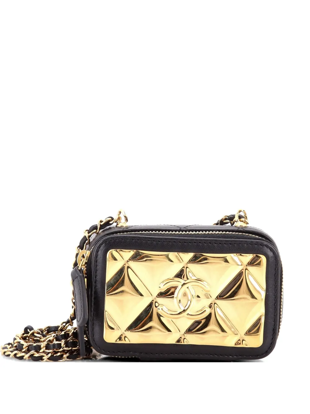 CHANEL Pre-Owned Golden Plate Zip Around Vanity Case with Chain Quilted Metal and Lambskin Extra Mini clutch bag - Nero