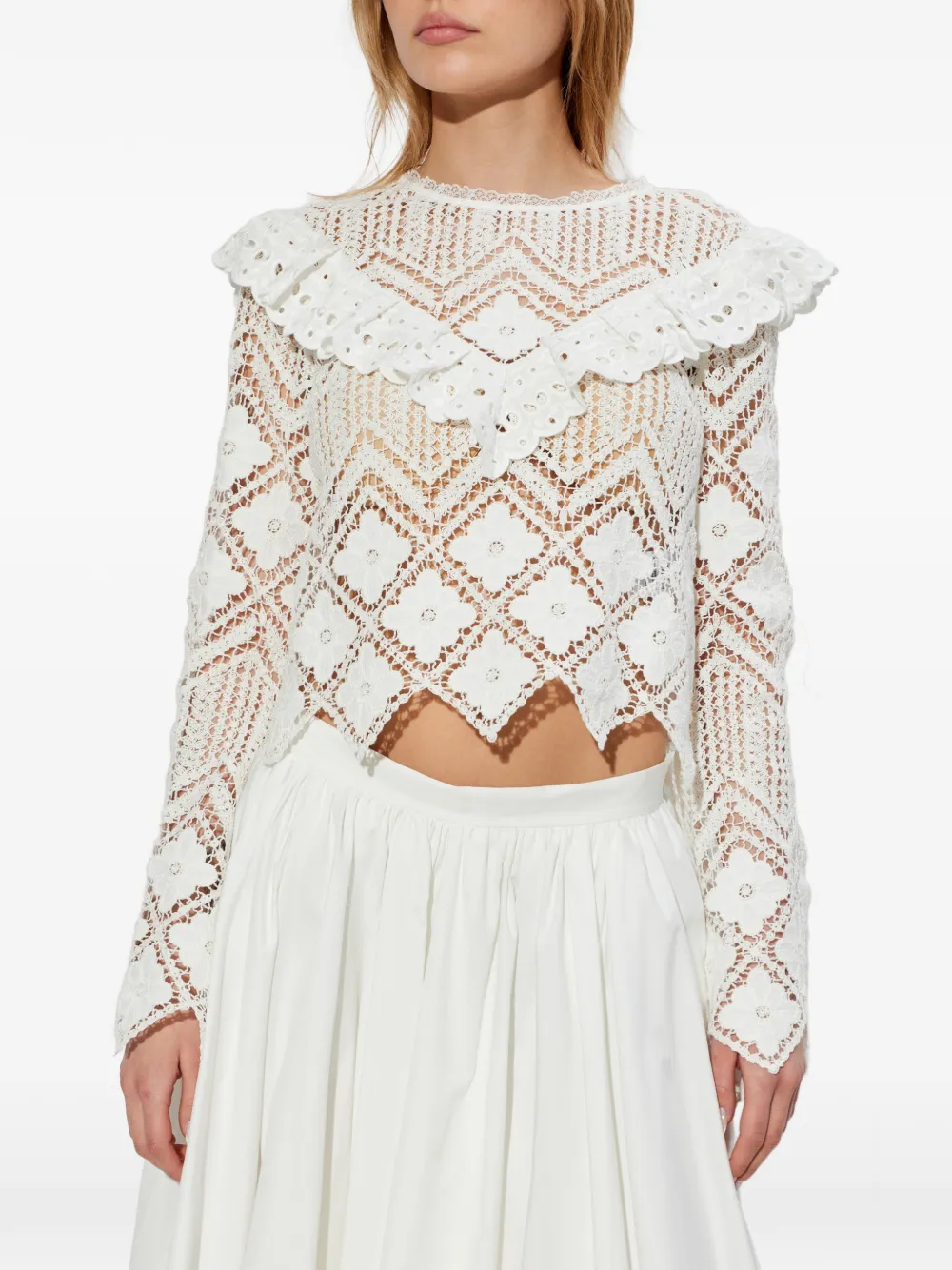 Self-Portrait guipure-lace ruffled top - Bianco