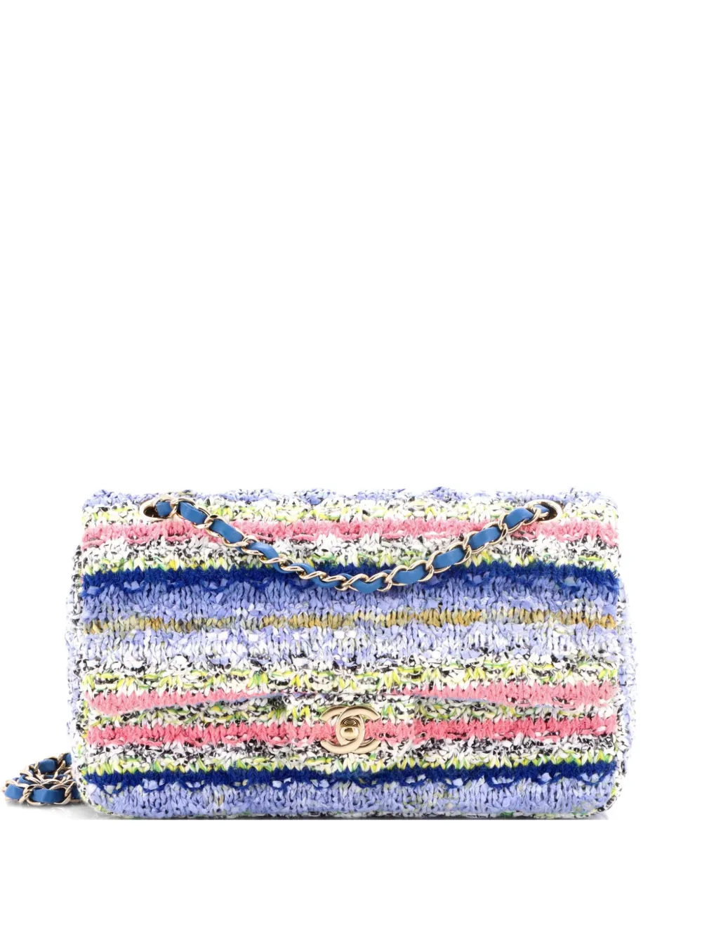 CHANEL Pre-Owned Classic Single Flap Bag Quilted Tweed and Ribbon Medium shoulder bag - Blu