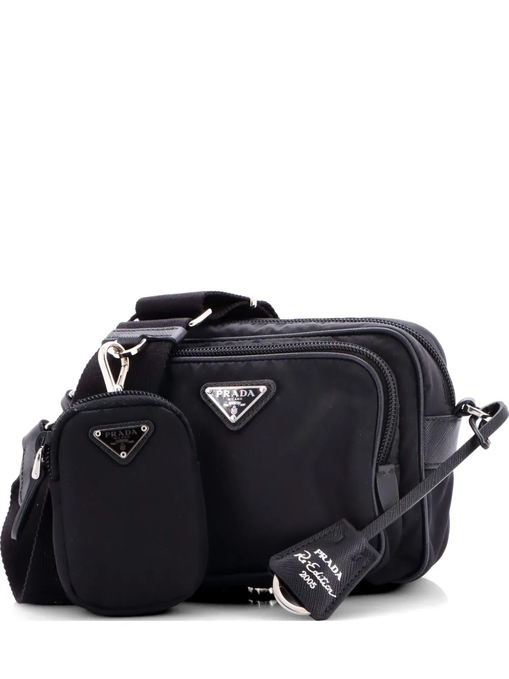 Pre-owned Prada Re-edition 2005 Camera Bag Tessuto With Saffiano Leather Mini Crossbody Bag In Black