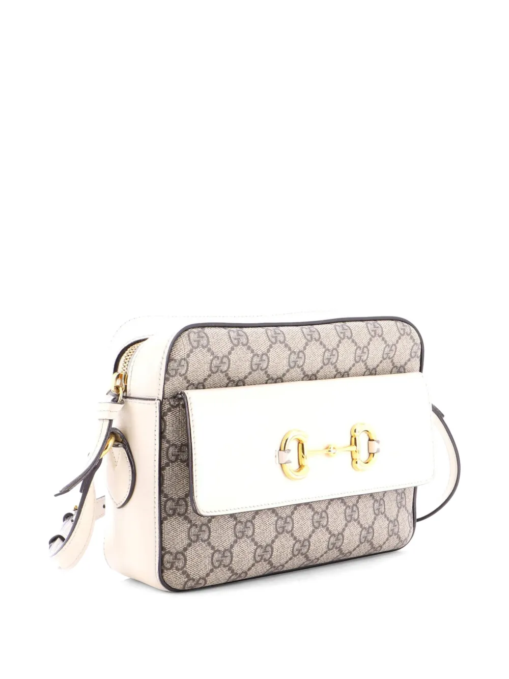 Gucci Pre-owned Horsebit 1955 Flap Pocket Camera Bag GG Coated Canvas and Leather Small Crossbody Bag in White, view 3