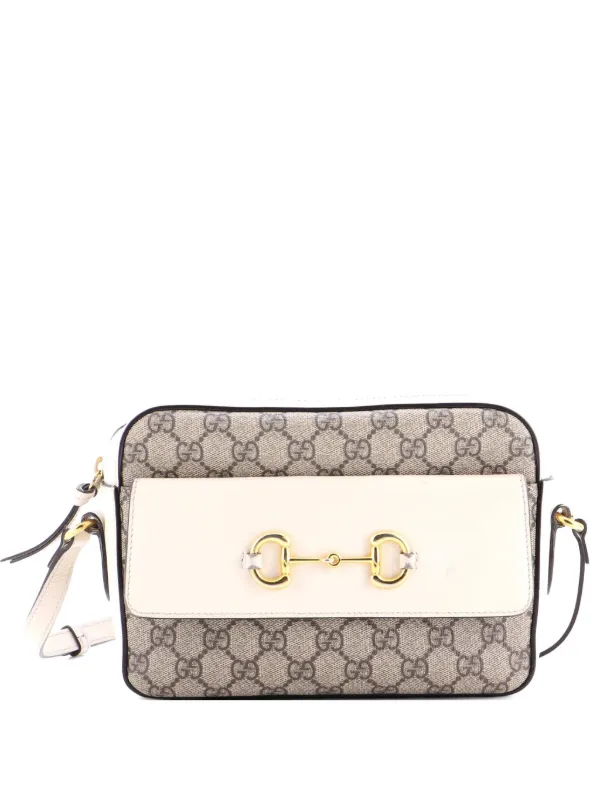 Gucci Pre-owned Horsebit 1955 Flap Pocket Camera Bag GG Coated Canvas and Leather Small Crossbody Bag in White