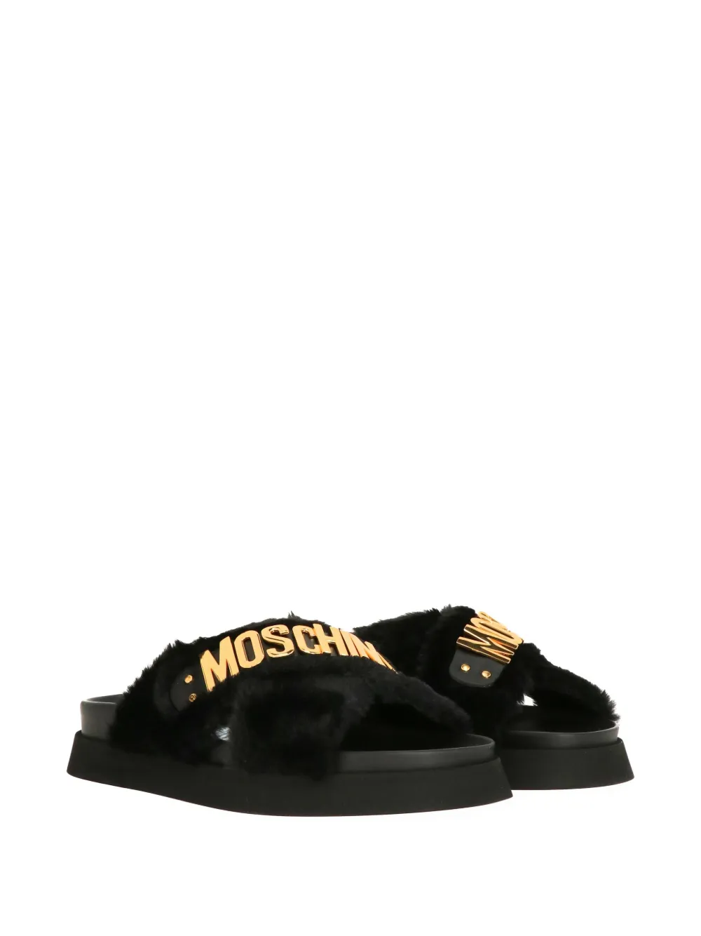Moschino logo faux-fur sandals Zwart