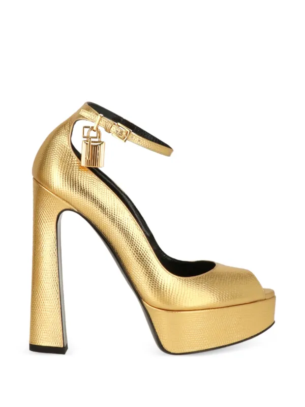 Tom Ford Padlock Peep-toe Platform Pumps in Gold