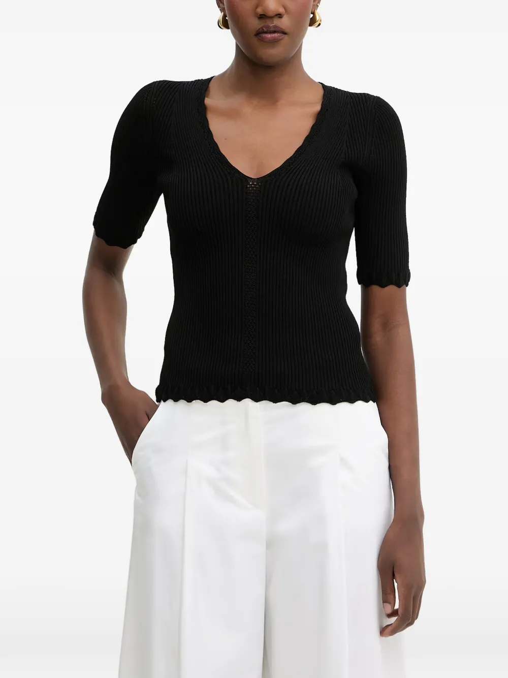 TWINSET ribbed-knit scalloped-edge top - Nero