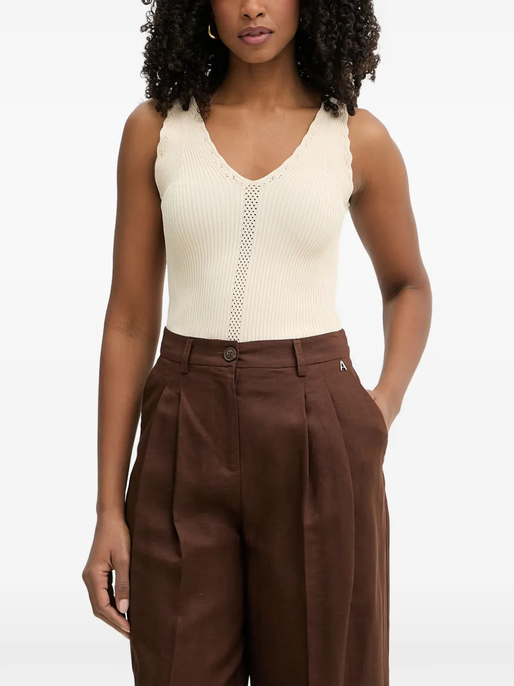 TWINSET ribbed-knit pointelle-trim top - Toni neutri