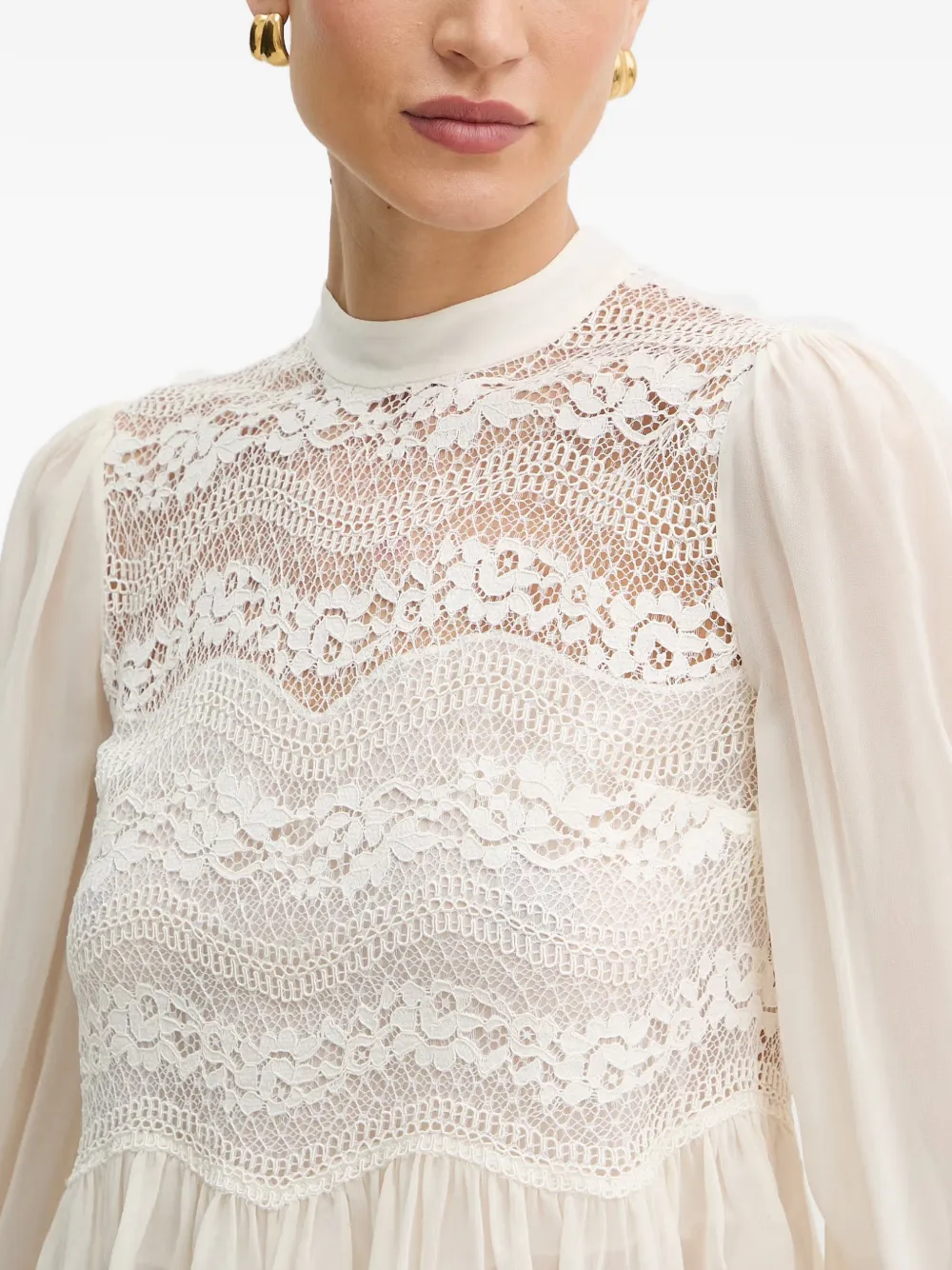 TWINSET Top met ruches en kanten vlakken Beige