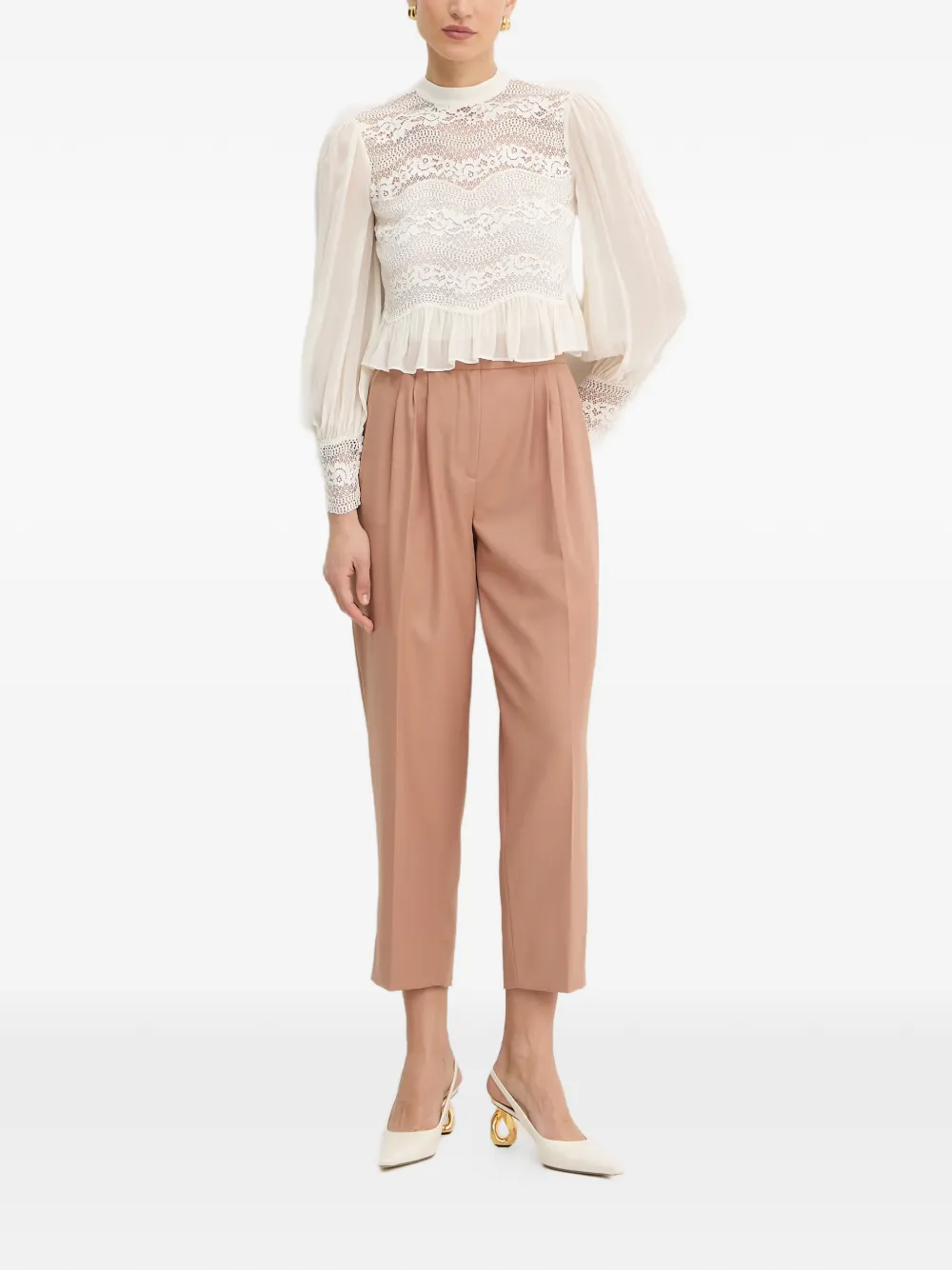 TWINSET Top met ruches en kanten vlakken Beige