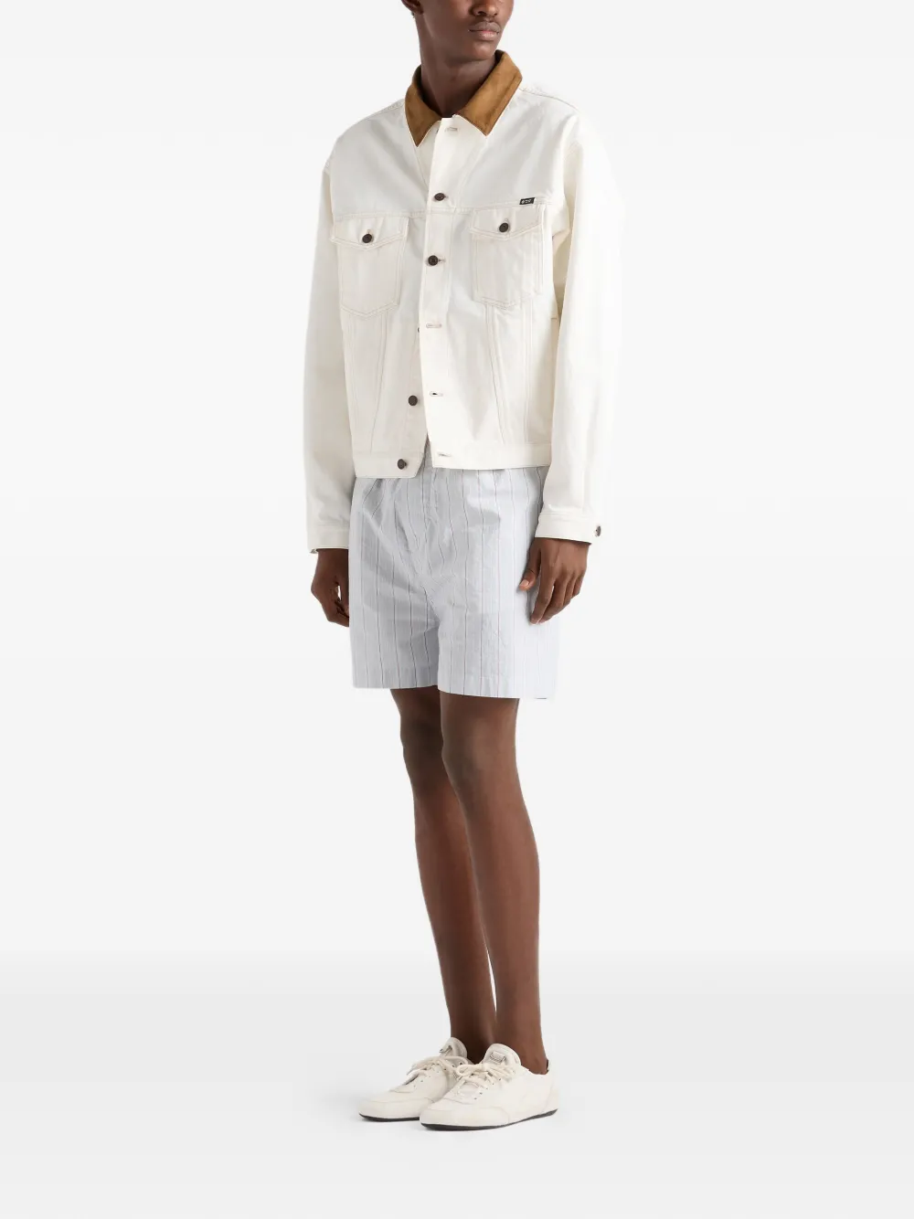 Prada Old denim jack met leren details Beige