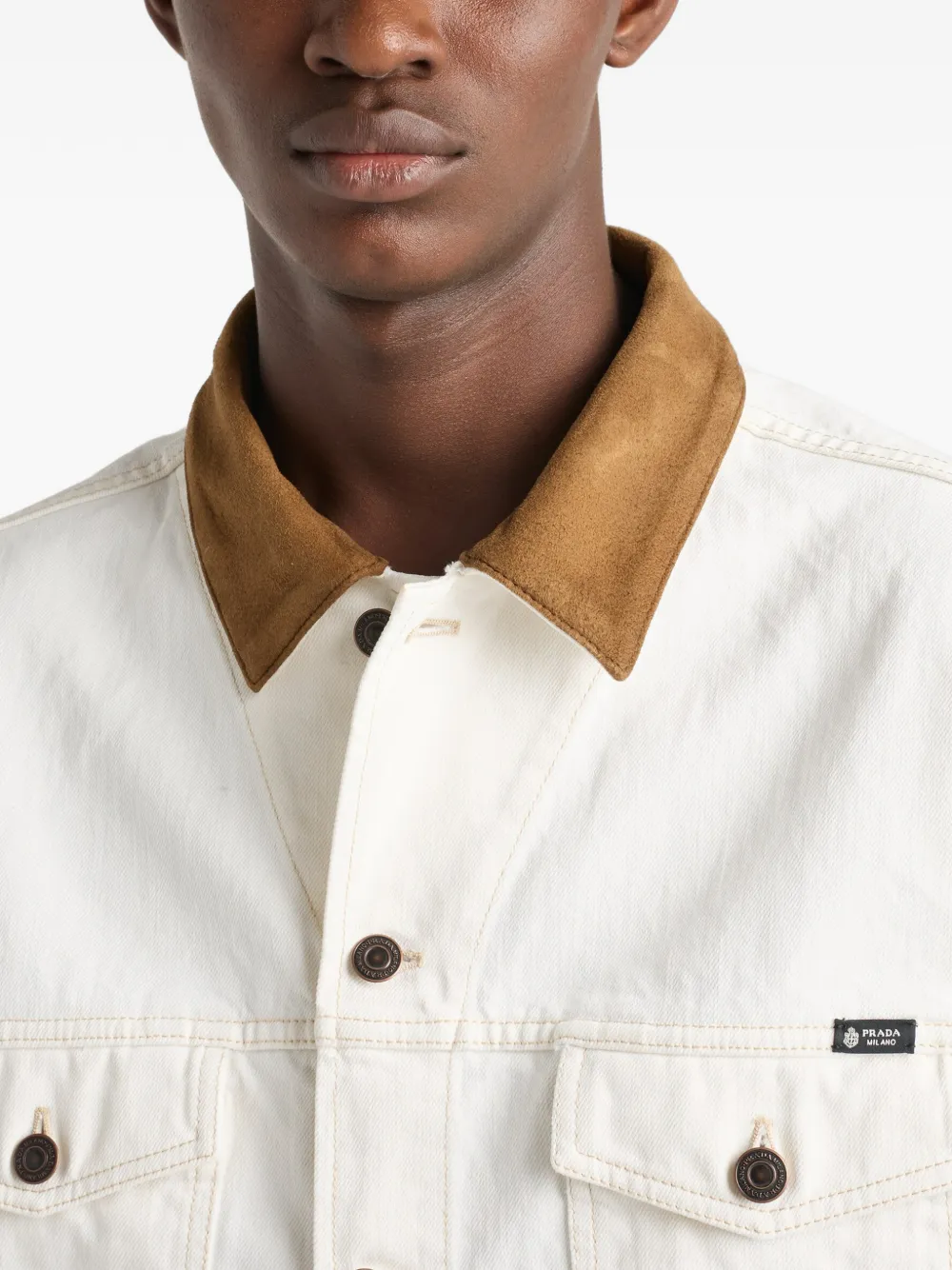 Prada Old denim jack met leren details Beige