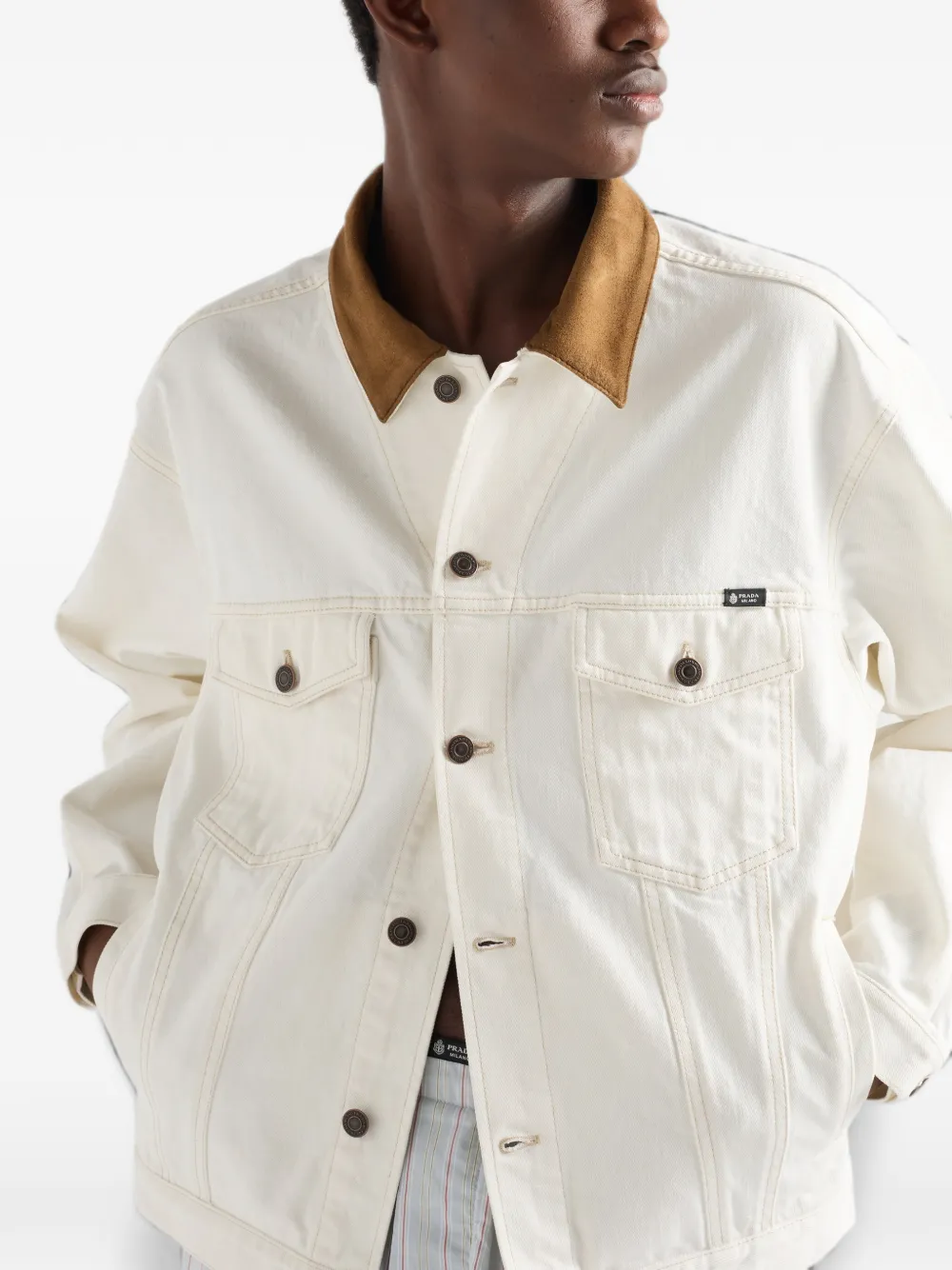 Prada Old denim jack met leren details Beige