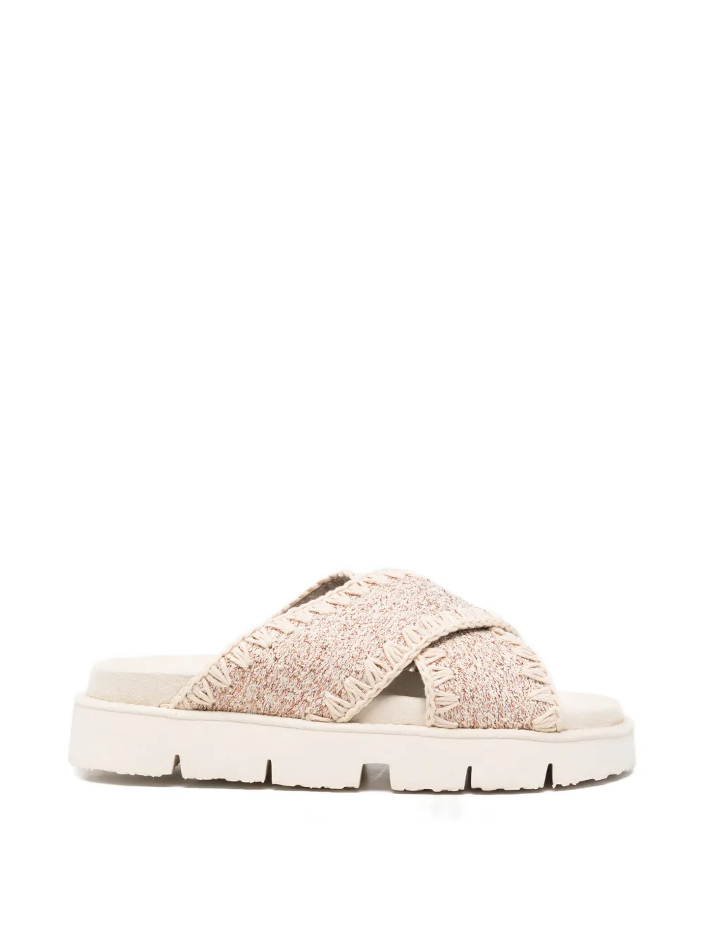 Mou crochet-trim crossover-strap sandals Beige