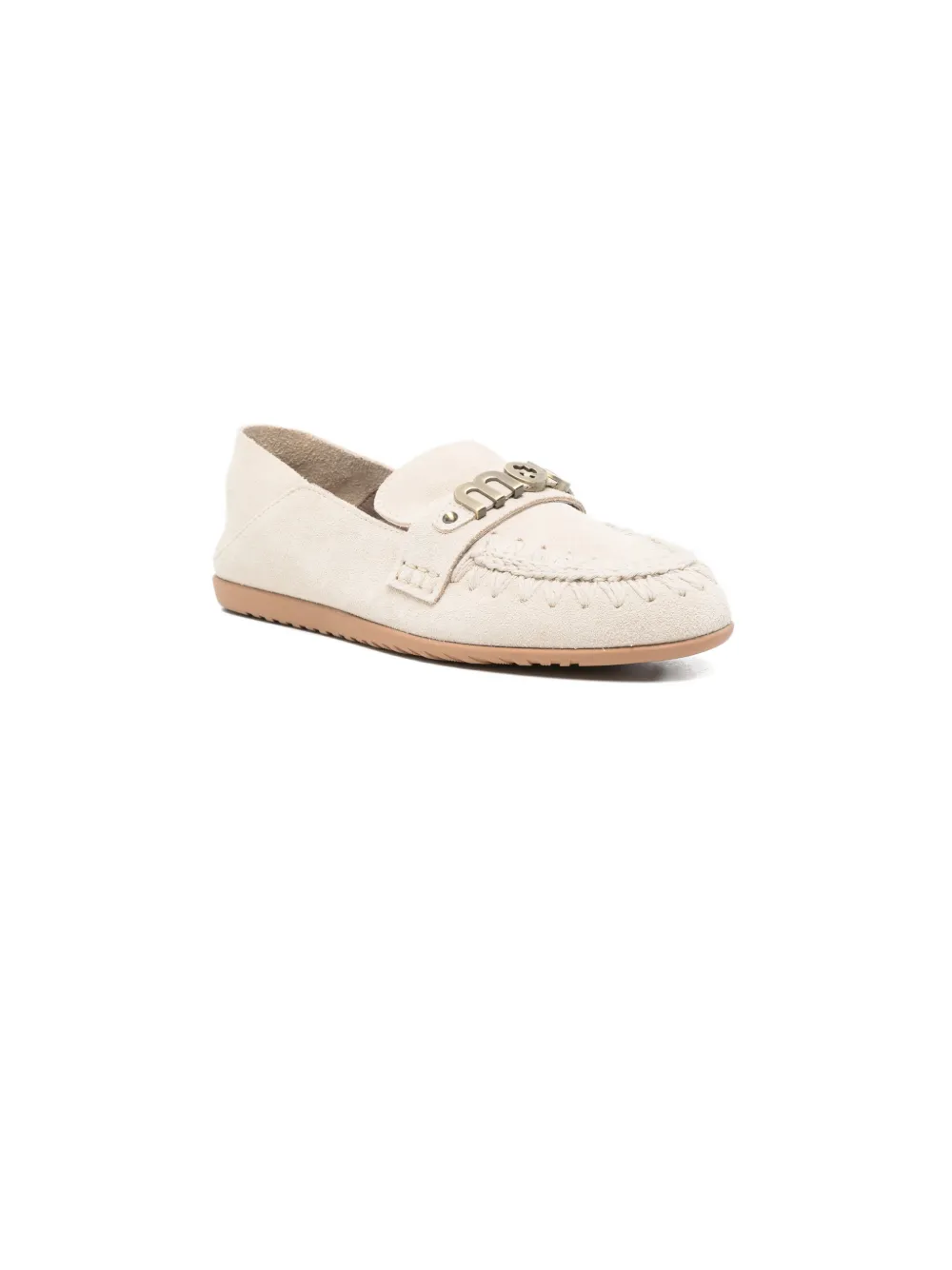 Mou logo-plaque whipstitch-trim loafers Beige